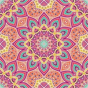 May include: A colorful mandala pattern with intricate details in shades of pink, orange, yellow, green, and blue. The design features a central circle surrounded by radiating petals and geometric shapes.