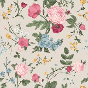 May include: A seamless pattern featuring pink, red, and blue flowers with green leaves on a light beige background.