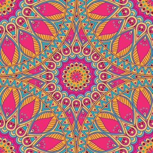 May include: A colorful, intricate mandala pattern with a pink, yellow, and blue color scheme. The design features repeating geometric shapes and floral motifs.