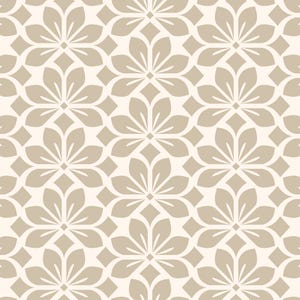 Könnte beinhalten: Ein nahtloses Muster mit einem beigefarbenen Blumendesign auf weißem Hintergrund. Das Muster zeigt ein sich wiederholendes Motiv aus stilisierten Blumen mit acht Blütenblättern.