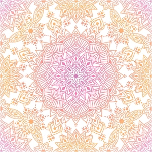 Puede incluir: Un patrón de mandala rosa y naranja con detalles intrincados. El diseño es simétrico y presenta una forma circular con un centro con forma de flor.