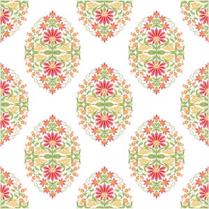 May include: A seamless pattern featuring a repeating design of red, yellow, and green floral motifs. The pattern is symmetrical and has a traditional, vintage feel.