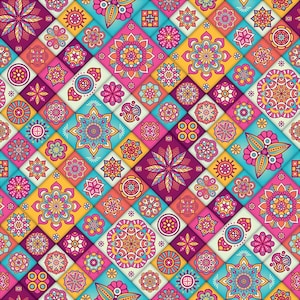 May include: A colourful seamless pattern featuring geometric shapes and intricate floral designs. The pattern incorporates a range of colours, including pink, blue, yellow, green, and orange. The design is ideal for use in a variety of applications, such as fabric, wallpaper, and packaging.