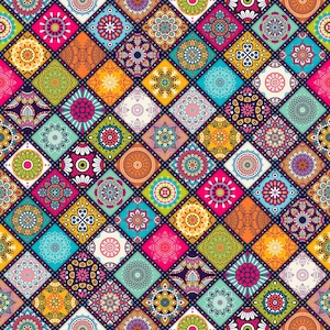 May include: A vibrant, geometric pattern featuring a patchwork of colorful squares and diamond shapes. Each square showcases intricate mandala-style designs in shades of pink, blue, orange, and yellow, creating a rich, decorative textile.