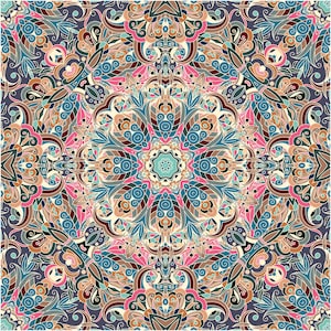 May include: A colorful, intricate mandala pattern with a blue, pink, and brown color scheme. The design features a central star with swirling patterns and floral motifs.