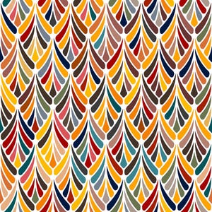 May include: A repeating pattern of stylized teardrop shapes in a variety of colors, including yellow, orange, red, brown, and blue, against a white background. The design has a symmetrical, organic feel, suitable for fabric or wallpaper.