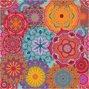 Op de afbeelding: Een kleurrijk patroon van overlappende mandala's met ingewikkelde ontwerpen in tinten rood, oranje, geel, blauw en groen.