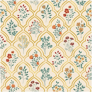 May include: A seamless pattern featuring a variety of floral designs in shades of red, orange, yellow, and green. The flowers are arranged within a repeating pattern of gold, arched shapes.