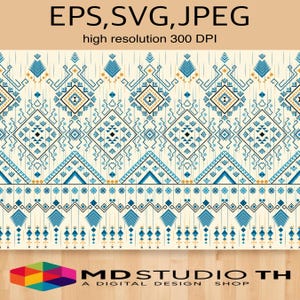 May include: A seamless pattern with a geometric design in shades of blue, black, and gold on a white background. The pattern features repeating diamond shapes and triangles.