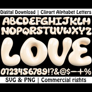 Bubble beige letters en cijfers PNG SVG, witte bubbellettertype, opblaasbaar alfabet, Chinky Cream letters, Canva-lettertype, Cricut-alfabet