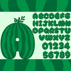 Lettere e numeri di anguria SVG e PNG, font di frutta, alfabeto di anguria, lettere di frutta dei cartoni animati, alfabeto di verdure per Canva, Cricut