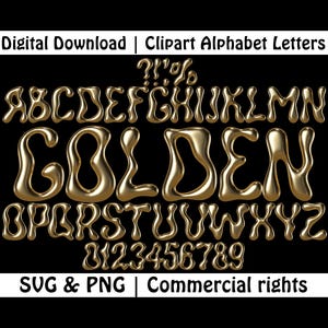 Gouden vloeibare letters PNG SVG, gouden lettertype, chroom alfabet, metalen letters, 3D-bubbellettertype, gouden dikke alfabet cricut, canvas, Adobe