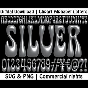 Zilveren bellenletters PNG SVG, zilveren lettertype, chroomalfabet, metalen letters, 3D-bubbellettertype, grijze dikke alfabetcricut, canvas, Adobe