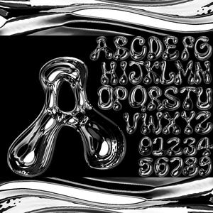 Chrome-bubbelletters en cijfers PNG SVG, zwart zilver lettertype, zwart chroom alfabet, metalen letters, 3D-bubbellettertype, grof metalen alfabet