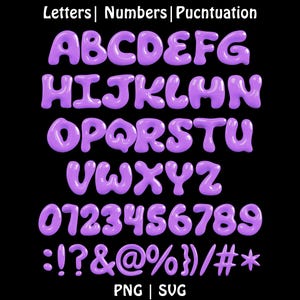 May include: A graphic featuring a purple bubble font with letters, numbers, and punctuation marks. The text "Letters | Numbers | Punctuation" is at the top. The image includes the text "PNG | SVG" at the bottom.