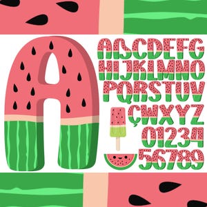 Watermelon Letters Numbers SVG & PNG, Fruits font, Watermelon Alphabet, Cartoon fruits Letters, Veggies Alphabet for Canva, Cricut