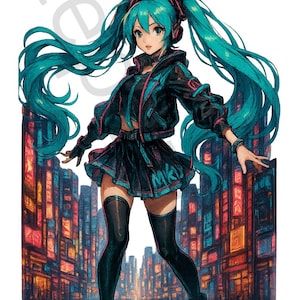 Hatsune Miku Cyberpunk Art Print – Digital Download, Vocaloid Wall Art, Miku Aesthetic Poster, Printable Miku Fanart