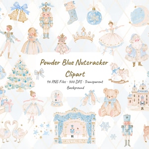 May include: A collection of watercolour illustrations featuring a Nutcracker theme in powder blue and cream tones, including a nutcracker, ballerina, Christmas tree, gifts, swan, teddy bear, and castle, with the text Powder Blue Nutcracker Clipart.