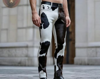 Men's Hair-on Cowhide Leather Pants: Handmade Western Rodeo Trousers