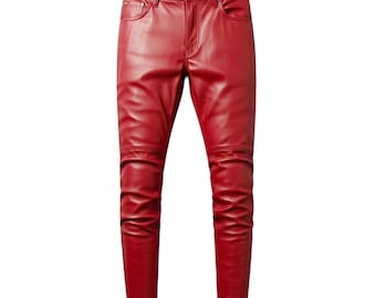 Men's Handmade Red Leather Christmas Biker Pants – Slim Fit Moto Trousers