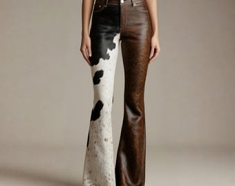 Handmade Cowhide Leather Pants: Patchwork Flared Trousers