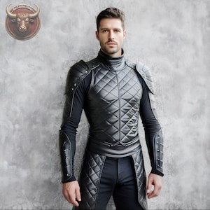 Custom Handmade Black Leather Warrior Armor Set for Men | Medieval LARP Cosplay Outfit with Quilted Chest, Shoulder Guards & Arm Bracers