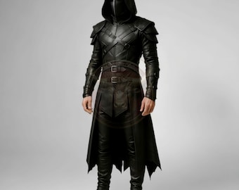 Men&#39;s Black Leather Hooded Trench Coat | Gothic Assassin Cosplay Costume | Medieval Knight Steampunk Jacket | Halloween Cosplay Outfit