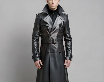 Handmade Black Leather Trench Coat: Men's Gothic Steampunk Overcoat
