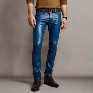 Handmade Men&#39;s Genuine Sheep Leather Pants - Real Blue Leather Pants for Man -Real Handmade Leather Jeans - Handmade Leather Pants