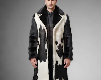 Handmade Cowhide Fur Trench Coat: Western Cowboy Leather Overcoat