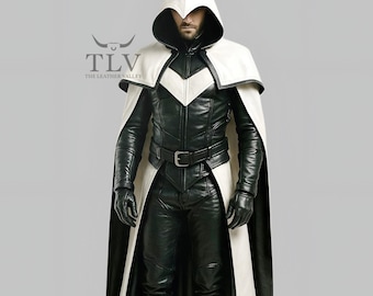 Genuine Black Leather Assassin Costume with Hood | Men&#39;s Medieval Stealth Outfit with Cape |Handmade Cosplay Armor Suit for Halloween & LARP