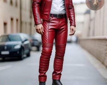 Handmade Red Quilted Leather Biker Pants: Custom Fit Cowhide Motorcycle Trousers