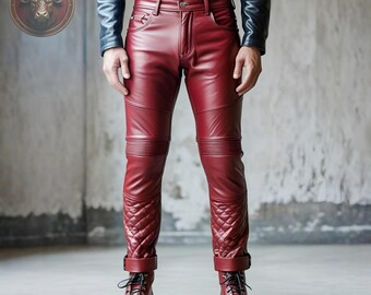 Handmade Red Leather Biker Pants: Quilted Cowhide Moto Trousers