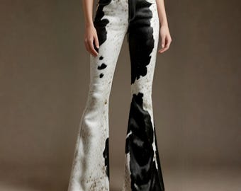 Handmade Cowhide Leather Flare Pants: High Waisted Western Bell Bottoms