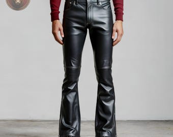 ブラックシープレザーベルボトムパンツ ユニセックス フレアパンツ