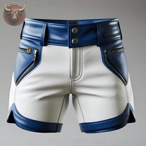 Men’s Blue and White Leather Shorts | Handmade Real Leather Biker Hot pants with Zipper Pockets | Festival, Streetwear, Cosplay Men&#39;s Shorts