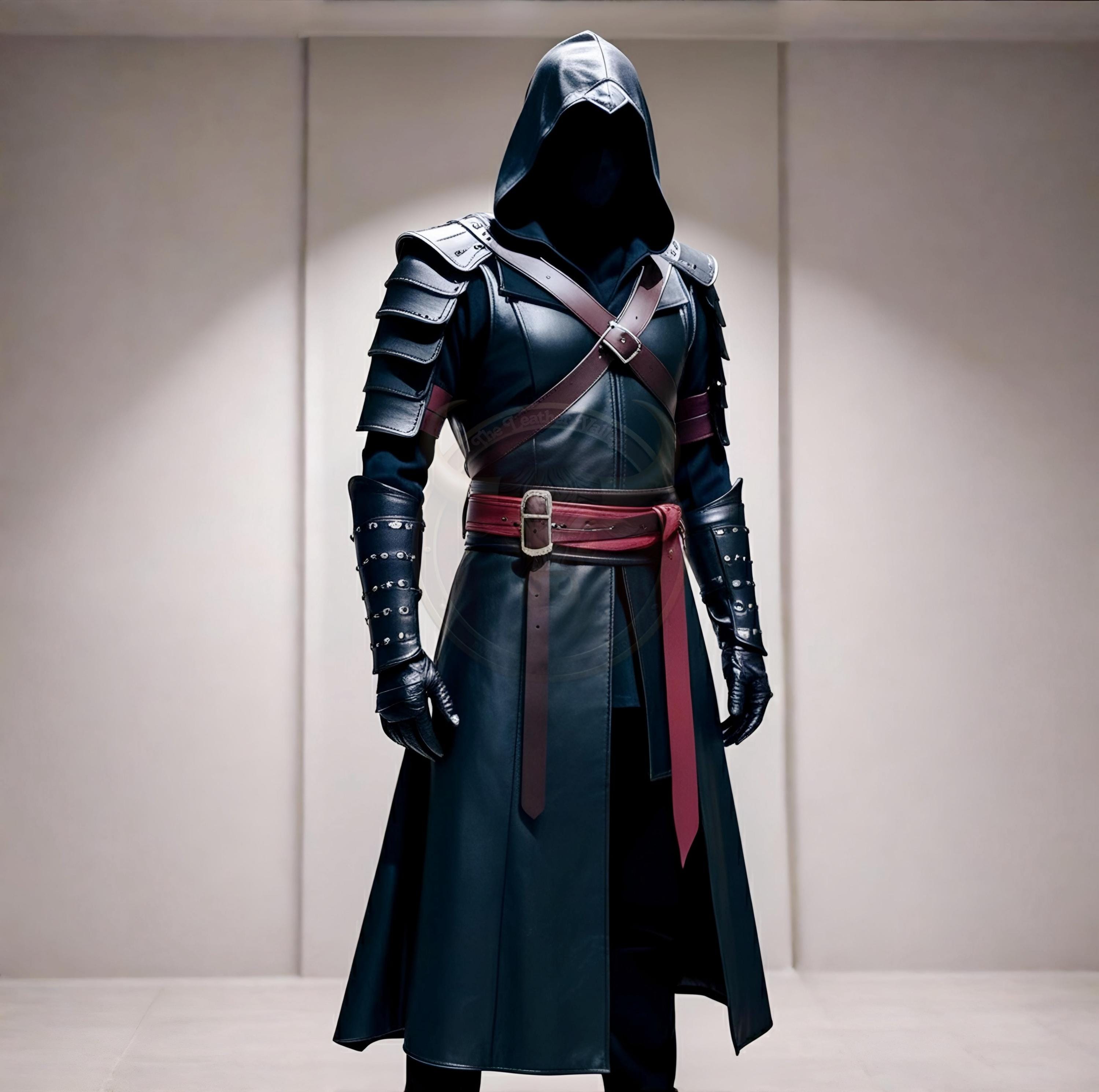 Handmade Black Leather Assassin Trench Coat for Men – Hooded Gothic Warrior Costume – Medieval Cosplay Jacket assassins creed cosplay