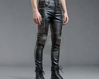 Handmade Studded Black Leather Biker Pants: Punk Rock Style