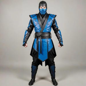 May include: A black and blue costume, comprising a mask, hood, and armour-style detailing. The outfit includes a black belt, and the design suggests a character from a video game or comic book.