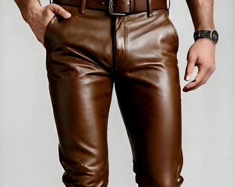 Men's Slim Fit Brown Leather Pants: Handmade Biker Trousers