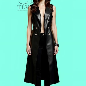 Women&#39;s Black Leather Trench Vest – Gothic Sleeveless Coat – Long Rock Vest – Custom Handmade Leather Jacket – Cyberpunk Festival Outfit