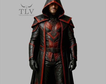Black & Red Leather Assassin Costume for Men | Hooded Warrior Cosplay Suit | Handmade Genuine Leather Medieval Armor | Halloween LARP Outfit