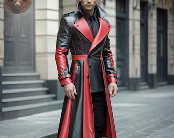Handmade Red & Black Cow Leather Trench Coat: Gothic Steampunk Overcoat