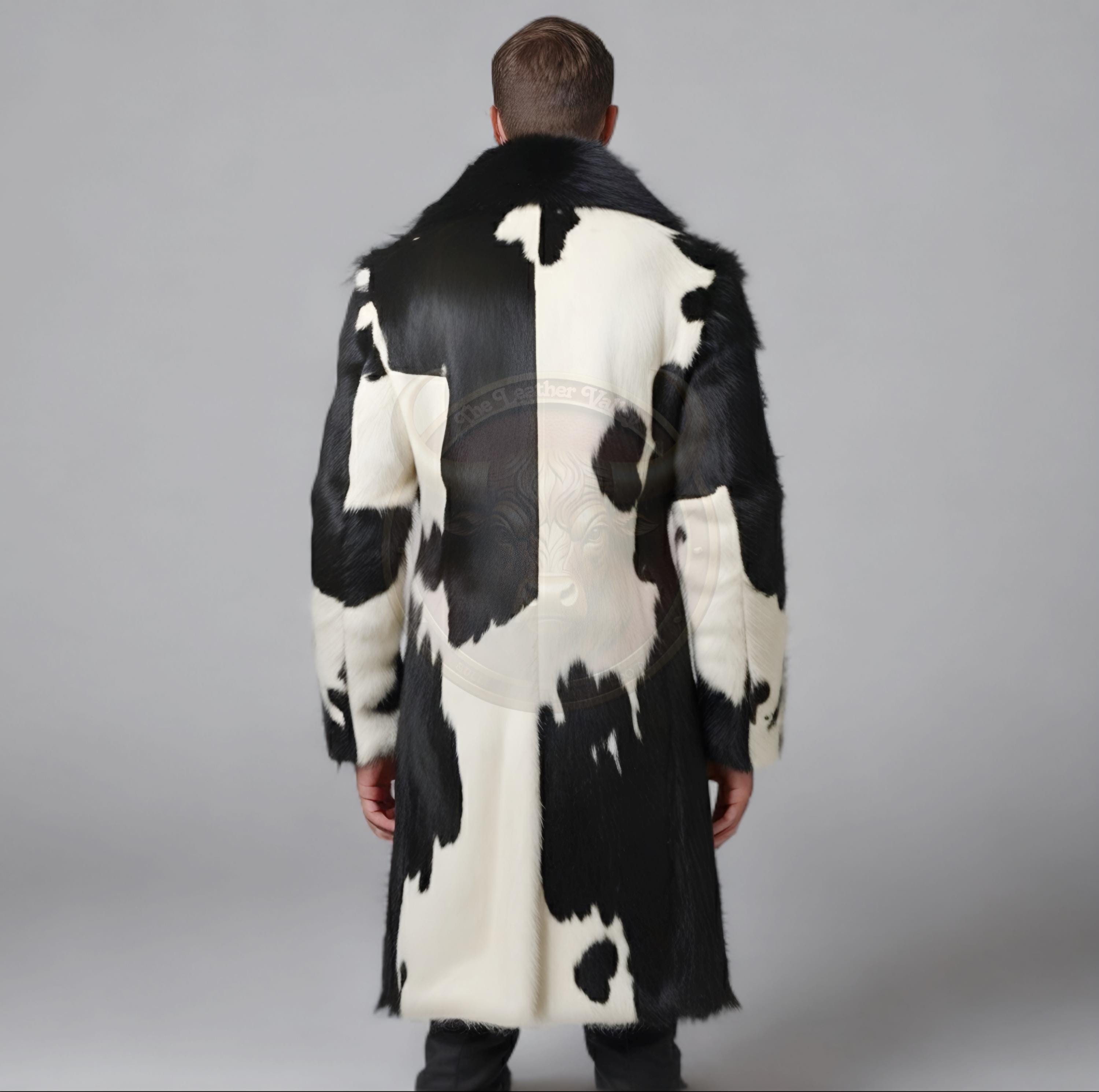 Handmade Cowhide Fur Trench Coat: Western Cowboy Leather Overcoat