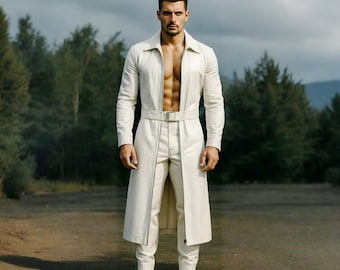 Handmade White Leather Trench Coat Outfit | Men's Cosplay Duster Jacket & Pants