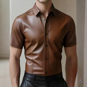 Chemise homme marron en cuir véritable : coupe slim à manches courtes