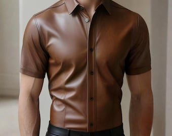 Camisa de cuero genuino marrón para hombre: manga corta, corte ajustado