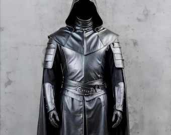 Dark Knight Men&#39;s Black Leather Armor Costume with Hooded Cape | Custom Handmade Medieval Warrior Outfit | Gothic LARP Cosplay Set for Men