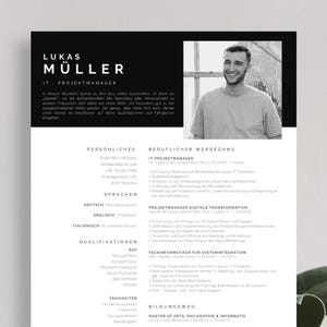 Plantilla de solicitud creativa en alemán, con CV tabular, carta de motivación, portada y archivos adjuntos para Word y Pages