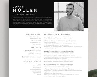 May include: Black and white resume with a headshot of a man. The resume lists Lukas Muller as an IT Project Manager. The resume includes personal information, languages spoken, qualifications, work experience, education, and interests.